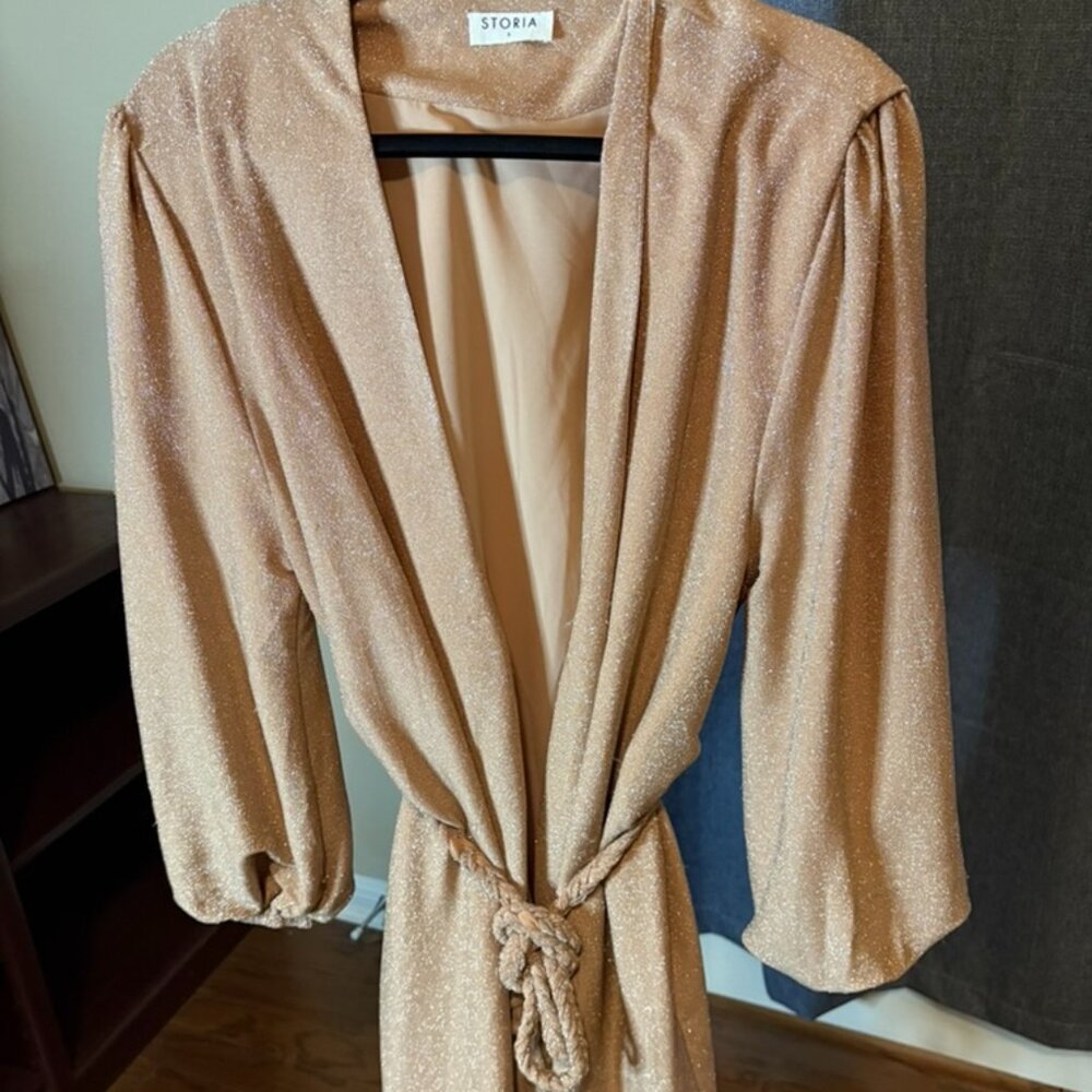 NWT Storia Short Dress Long Balloon Sleeve Tie Wrap Color Nude